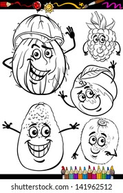 Coloring Book or Page Cartoon Vector Illustration of Black and White Fruits Food Comic Characters Set for Children Education
