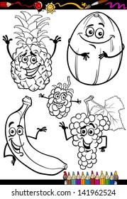 Coloring Book or Page Cartoon Vector Illustration of Black and White Fruits Food Comic Characters Set for Children Education