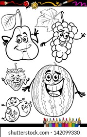 Coloring Book or Page Cartoon Vector Illustration of Black and White Fruits Food Comic Characters Set for Children Education