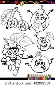 Coloring Book or Page Cartoon Vector Illustration of Black and White Fruits Food Comic Characters Set for Children Education