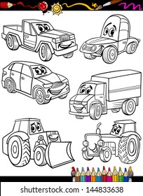 Coloring Book or Page Cartoon Vector Illustration of Black and White Cars or Trucks Vehicles and Machines Comic Characters Set for Children Education