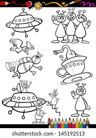 Coloring Book or Page Cartoon Vector Illustration Set of Black and White Fantasy Aliens or Martians Ufo Comic Mascot Characters for Children