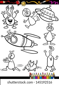 Coloring Book or Page Cartoon Vector Illustration Set of Black and White Fantasy Aliens or Martians Ufo Comic Mascot Characters for Children