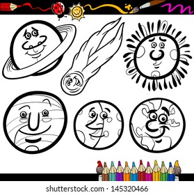 Coloring Book or Page Cartoon Vector Illustration of Black and White Planets and Orbs Comic Characters Set for Children Education