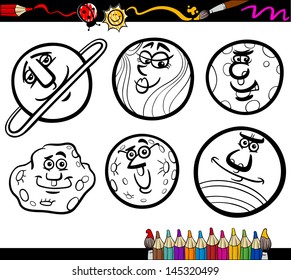 Coloring Book or Page Cartoon Vector Illustration of Black and White Planets and Orbs Comic Characters Set for Children Education