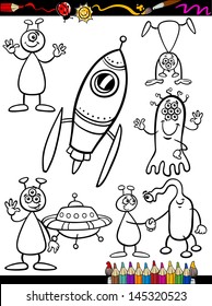 Coloring Book or Page Cartoon Vector Illustration Set of Black and White Fantasy Aliens or Martians Ufo Comic Mascot Characters for Children