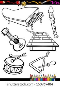 Coloring Book or Page Cartoon Vector Illustration of Black and White Music Instruments Objects Set for Children Education