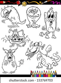 Coloring Book or Page Cartoon Vector Illustration Set of Black and White Fantasy or Halloween Monsters Comic Mascot Characters for Children