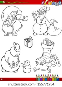 Coloring Book or Page Cartoon Vector Illustration of Black and White Christmas Themes Set with Santa Claus or Papa Noel and Xmas Presents and Decorations for Children