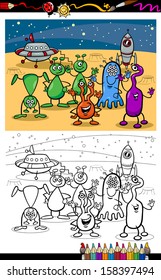 Coloring Book or Page Cartoon Vector Illustrations of Fantasy Aliens or Martians Comic Mascot Characters Group for Children