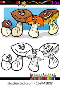 Coloring Book or Page Cartoon Vector Illustration of Cute Mushrooms Group or Family for Coloring Book