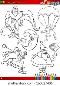 Coloring Book or Page Cartoon Vector Illustration of Black and White Christmas Themes Set with Santa Claus and Xmas Presents and Decorations for Children