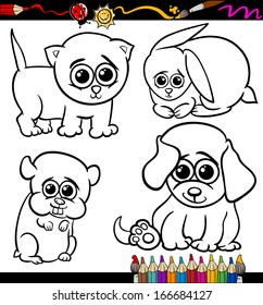 Coloring Book or Page Cartoon Vector Illustration Set of Black and White Cute Baby Pets Animals Mascot Characters for Children