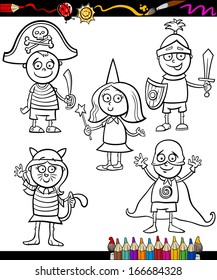 Coloring Book or Page Cartoon Vector Illustration Set of Black and White Cute Little Children Characters in Ball Costumes