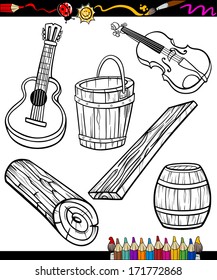 Coloring Book or Page Cartoon Vector Illustration Set of Black and White Wooden Objects for Children