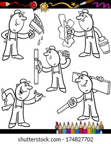 Coloring Book or Page Cartoon Vector Illustration of Black and White Funny Manual Workers at Work Set for Children Education
