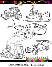 Coloring Book or Page Cartoon Vector Illustration Set of Black and White Transportation or Vehicles Characters for Children