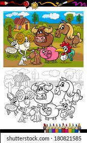 Coloring Book or Page Cartoon Vector Illustration Set of Black and White Farm Animals Characters in Country Scene for Children