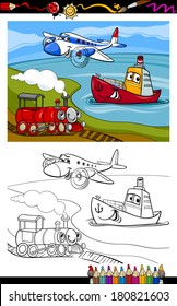 Coloring Book or Page Cartoon Vector Illustration of Cute Plane and Train and Ship Transport Comic Characters for Children