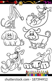 Coloring Book or Page Cartoon Vector Illustration Set of Black and White Dogs and Puppies Characters for Children
