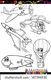 Coloring Book or Page Cartoon Vector Illustration Set of Black and White Aircraft or Air Vehicles Characters for Children