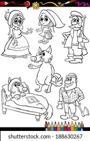 Coloring Book or Page Cartoon Vector Illustration Set of Black and White  Little Red Riding Hood Fairy Tale Characters for Children