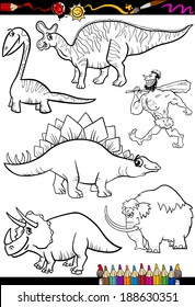 Coloring Book or Page Cartoon Vector Illustration Set of Black and White Dinosaurs and Prehistoric Animals Characters for Children