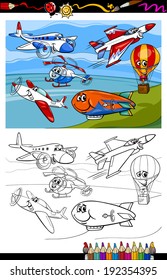 Coloring Book or Page Cartoon Vector Illustration of Color and Black and White Planes and Aircraft Characters Group for Children