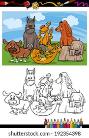 Coloring Book or Page Cartoon Vector Illustration of Color and Black and White Dogs Group for Children
