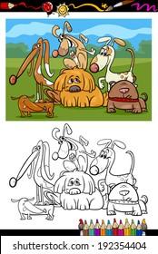 Coloring Book or Page Cartoon Vector Illustration of Color and Black and White Dogs Group for Children