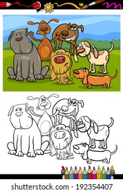 Coloring Book or Page Cartoon Vector Illustration of Color and Black and White Dogs Group for Children