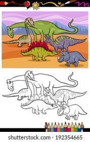 Coloring Book or Page Cartoon Vector Illustration of Color and Black and White Dinosaurs Group for Children
