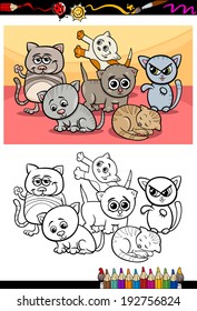 Coloring Book or Page Cartoon Vector Illustration of Color and Black and White Kittens or Cats Group for Children