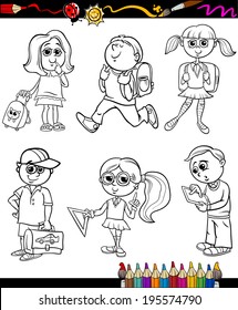 Coloring Book or Page Cartoon Vector Illustration of Color and Black and White Primary School Students or Pupils Boys and Girls Characters Set for Children