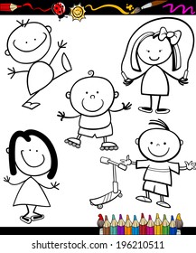 Coloring Book or Page Cartoon Vector Illustration of Color and Black and White Happy Children Set