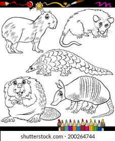 Coloring Book or Page Cartoon Vector Illustration of Black and White Wild Animals Characters for Children