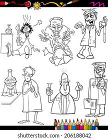 Coloring Book or Page Cartoon Vector Illustration of Black and White Scientists Characters for Children