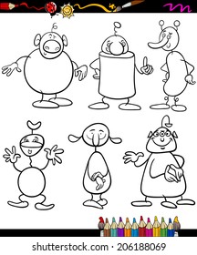 Coloring Book or Page Cartoon Vector Illustration of Black and White Fantasy Characters or Aliens for Children