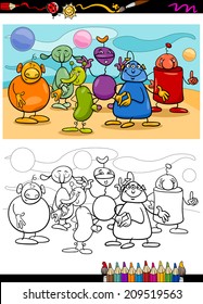 Coloring Book or Page Cartoon Vector Illustration of Black and White Funny Fantasy Characters or Aliens Group for Children
