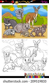 Coloring Book or Page Cartoon Vector Illustration of Black and White Funny Marsupials Mammals Animals Characters Group for Children