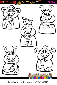 Coloring Book or Page Cartoon Vector Illustration of Black and White Funny Dogs Expressing Emotions Set for Children