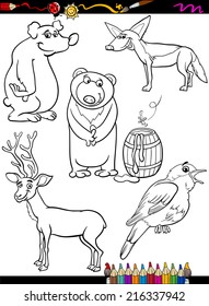 Coloring Book or Page Cartoon Vector Illustration of Black and White Funny Animals Characters Set for Children