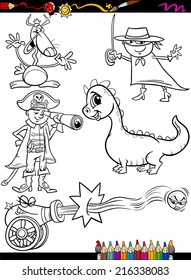 Coloring Book or Page Cartoon Vector Illustration of Black and White Funny Fantasy Characters Set for Children