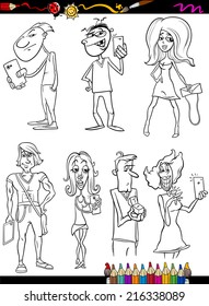 Coloring Book or Page Cartoon Vector Illustration of Black and White Young People Characters Set for Children
