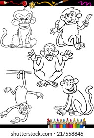 Coloring Book or Page Cartoon Vector Illustration of Black and White Funny Monkeys and Apes Primate Animals Characters Set for Children