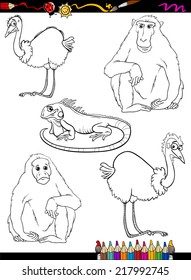 Coloring Book or Page Cartoon Vector Illustration of Black and White Wild Animals Set for Children