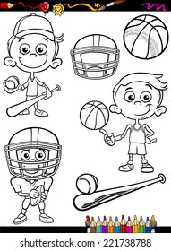 Coloring Book or Page Cartoon Vector Illustration of Black and White Boy Kid Playing Baseball and Basketball and American Football Set for Children