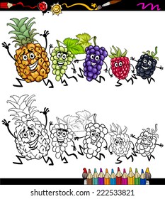 Coloring Book or Page Cartoon Vector Illustration of Black and White Funny Running Fruits for Children