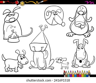 Coloring Book or Page Cartoon Vector Illustration of Black and White Funny Dogs Pet Animal Characters