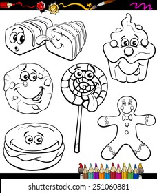 Coloring Book or Page Cartoon Vector Illustration of Black and White Funny Sweets and Cookies Set